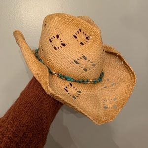 Distressed Straw Hat with Faux Turquoise Beading